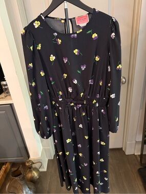 kate spade Black Floral Long Sleeve Midi Dress with Yellow & Purple Pansies